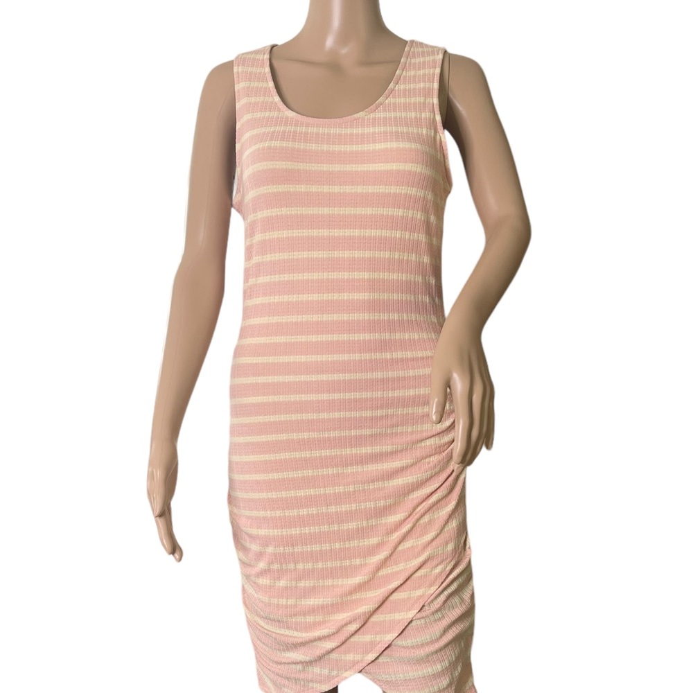 Kaleigh   Peach & Cream Sleeveless Dress w Side Ruching & Crossover Front at Hem